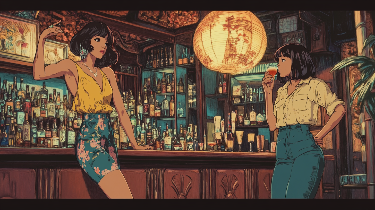 Women in Paris bar with Japanese decor.