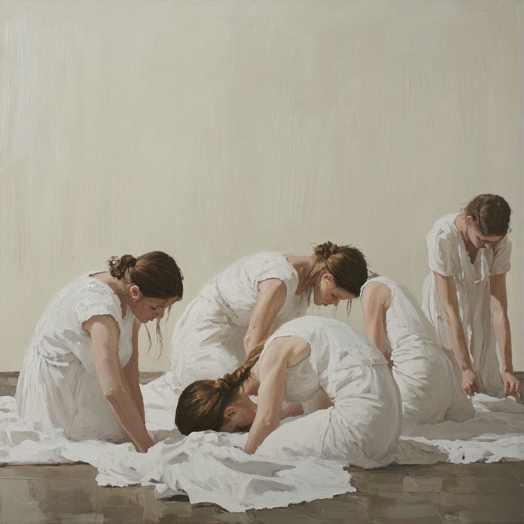 Women in white linen mimic still life objects.