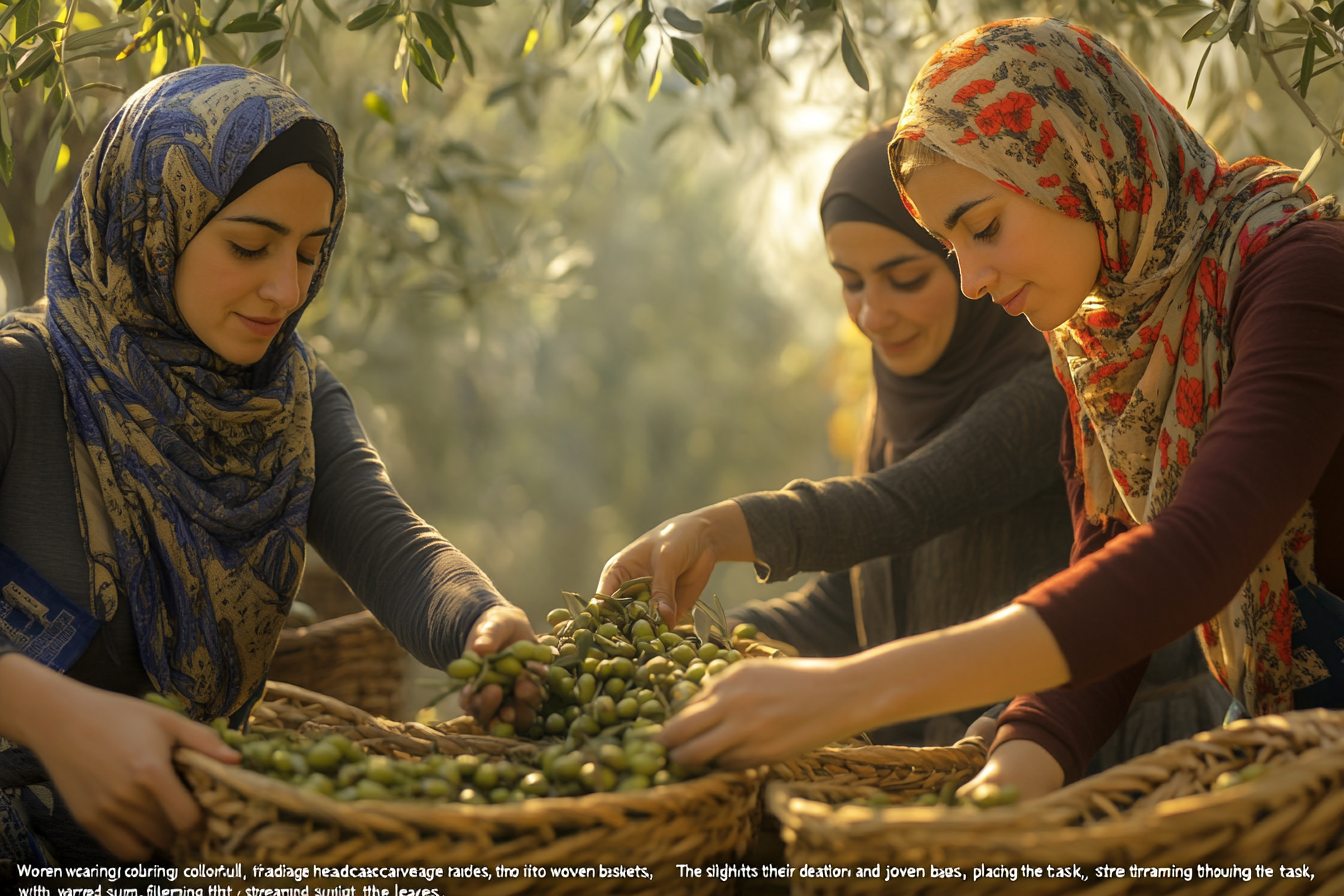 Women joyfully picking olives in traditional attire.