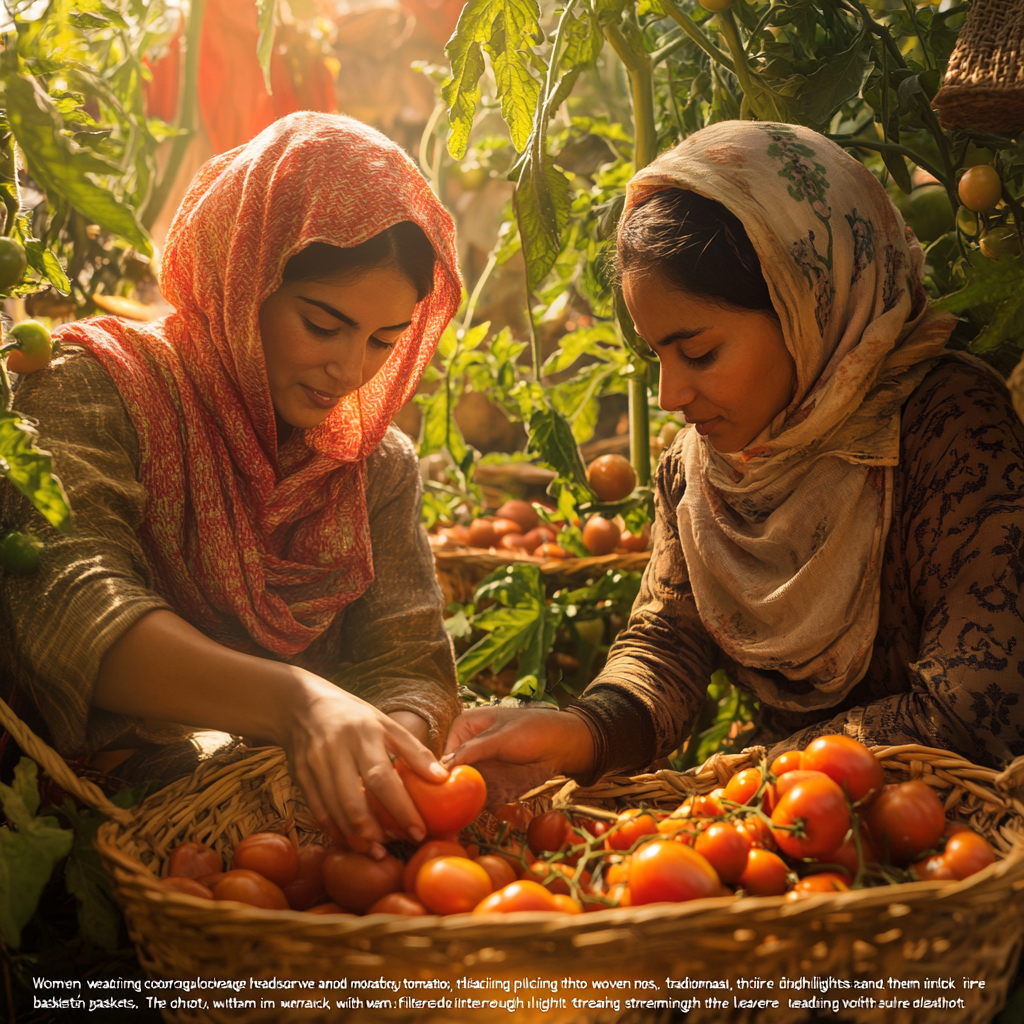 Women picking tomatoes, wearing headscarves and traditional attire