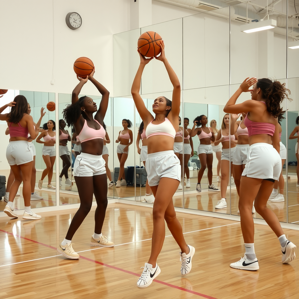 Women play basketball in white shorts, no shirts, only mirrors.