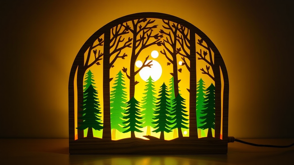 Wood lamp with green forest design and layers.