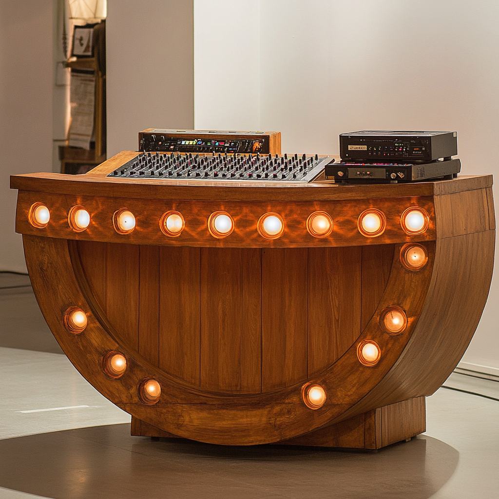 Wooden DJ booth with vintage lights on music stage.