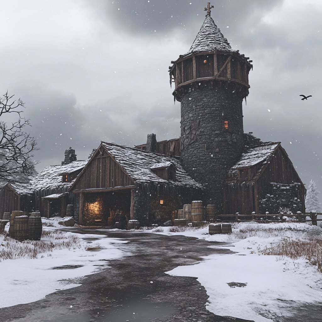 Wooden Tavern Around Old Stone Tower on Snowy Day