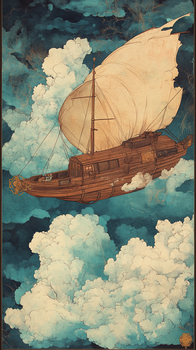 Wooden airship flying through misty clouds in fantasy art.