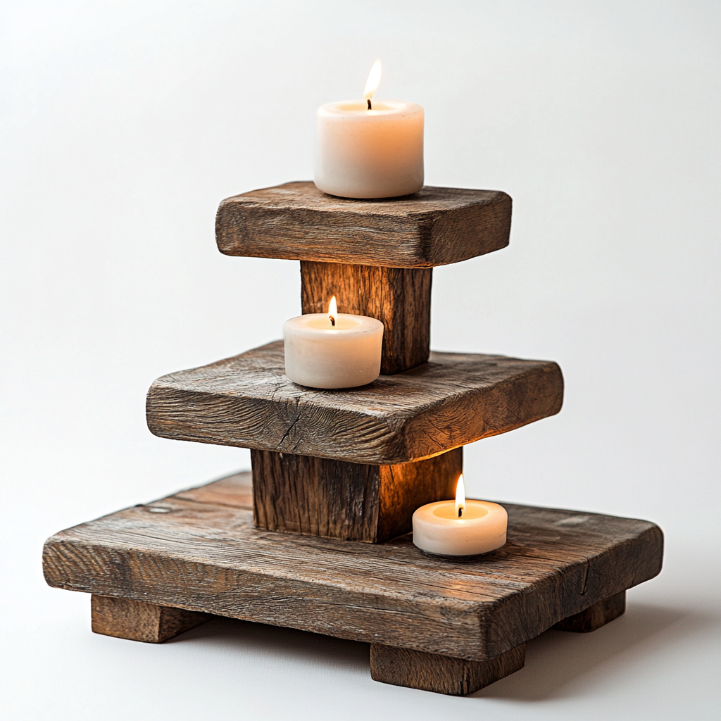 Wooden board with raised tiers for displaying candles.