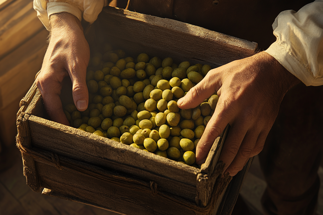 Worker's hands lifting small wooden crate of olives