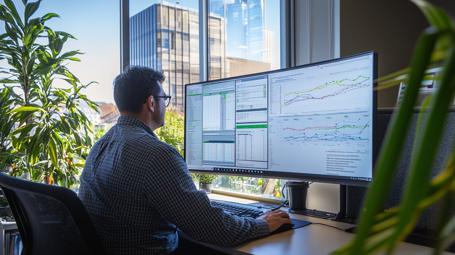 Worker analyzes data on computer screen, bright light