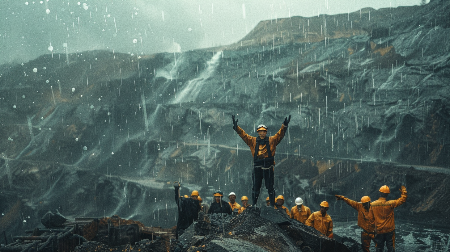 Workers and Belaz on hilltop in quarry.