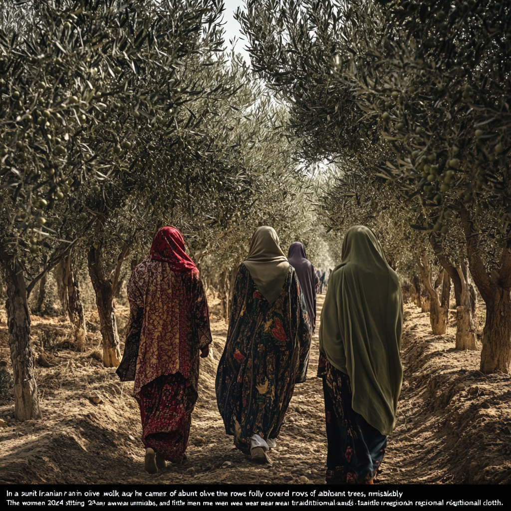 Workers in Iranian olive grove, traditional clothing, unity