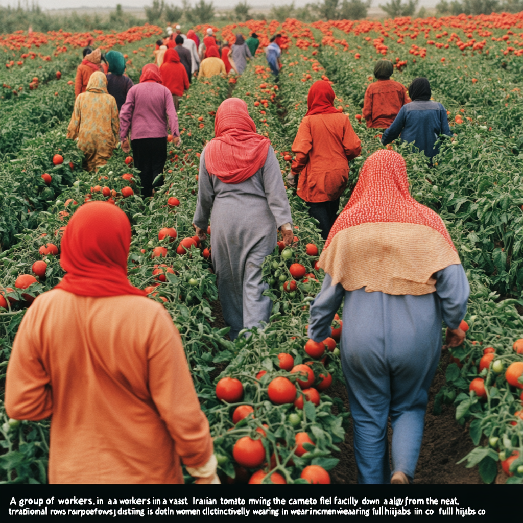 Workers in Iranian tomato field, moving down rows