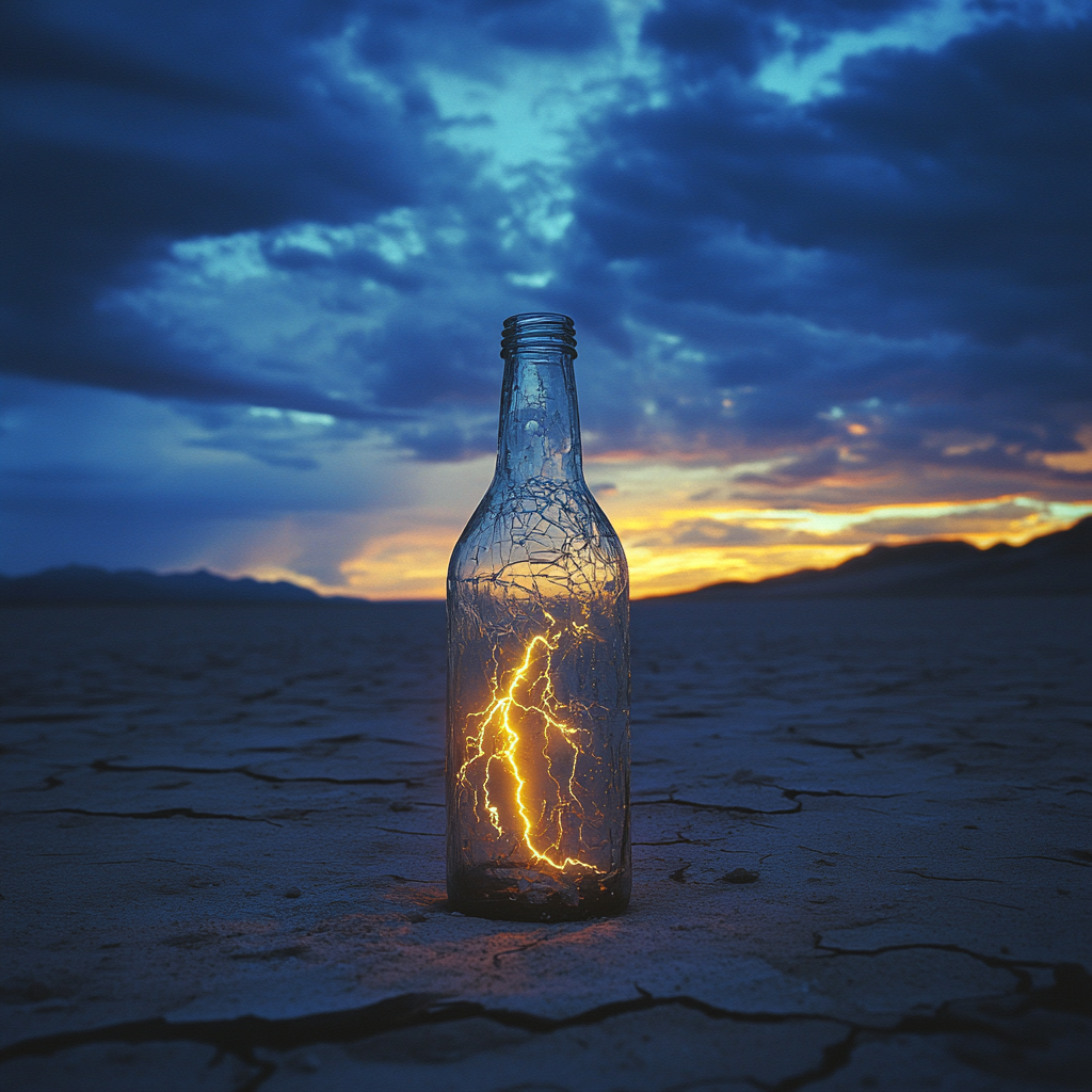 Worrisome lightning trapped in a bottle on dry land.