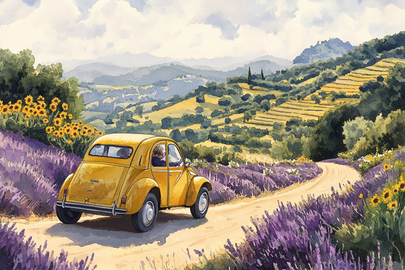 Yellow Citroen 2CV drives in Provence, France, sunflowers.