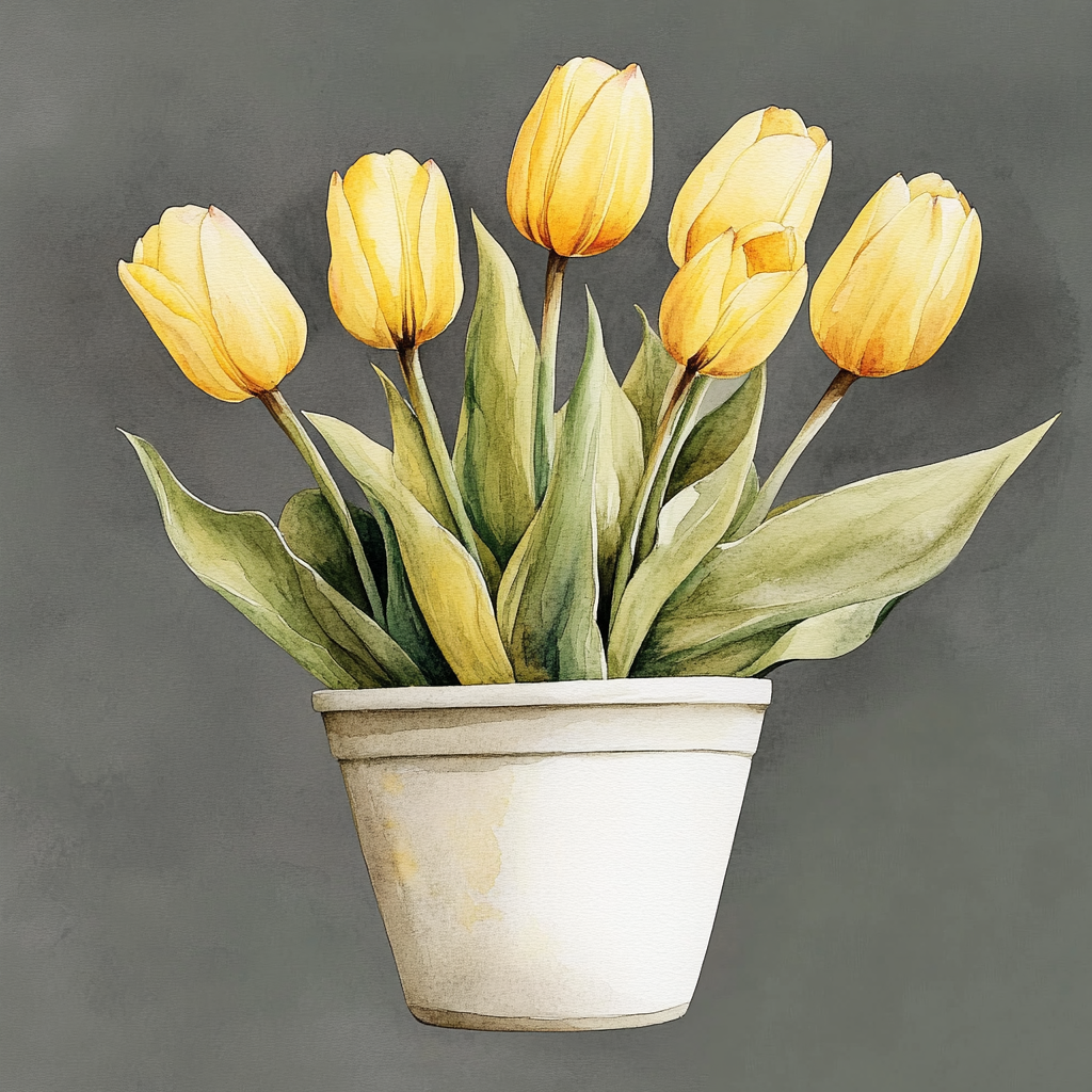 Yellow Tulips in Beautiful Pot, Watercolor Illustration