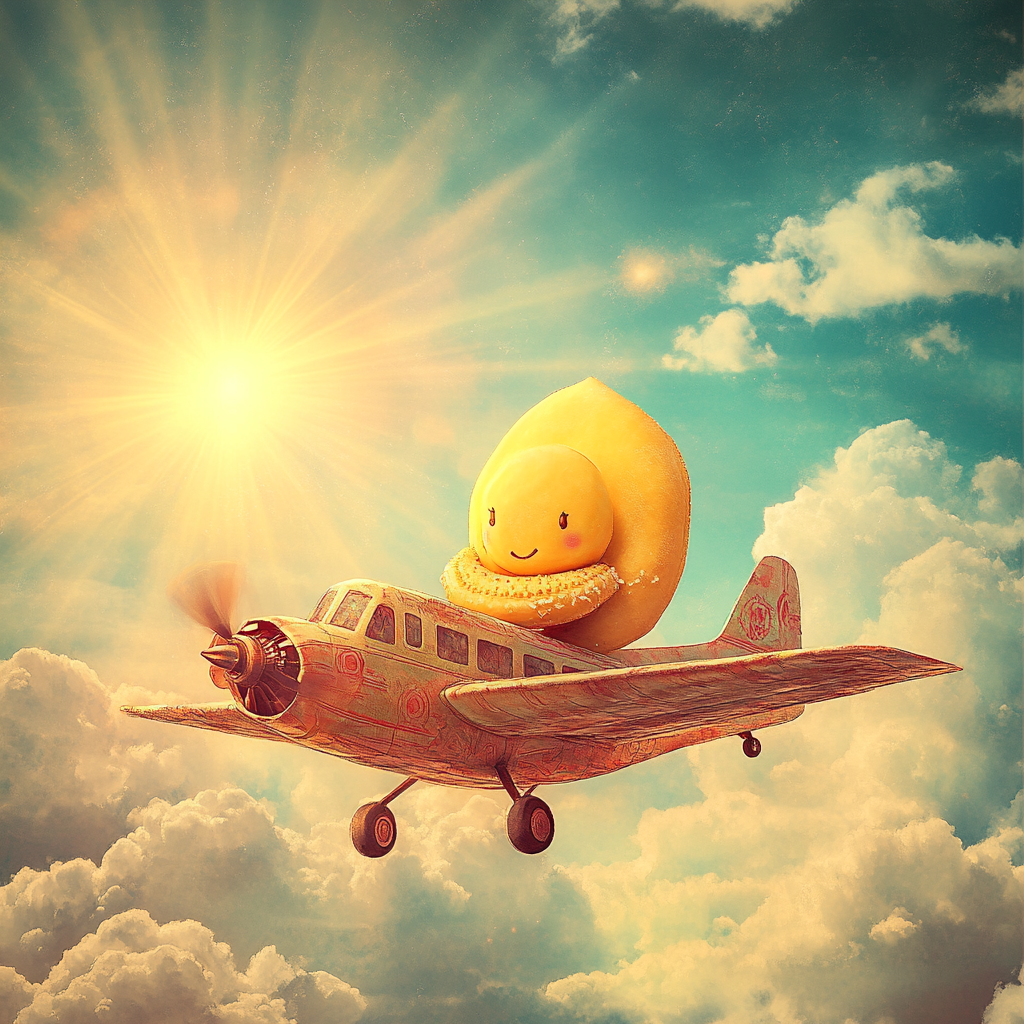 Yellow modak on airplane in sunny sky with clouds.