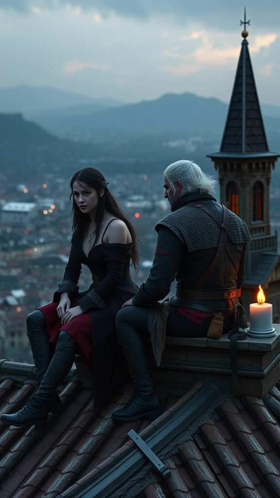 Yennifer and Geralt sit on rooftop together.