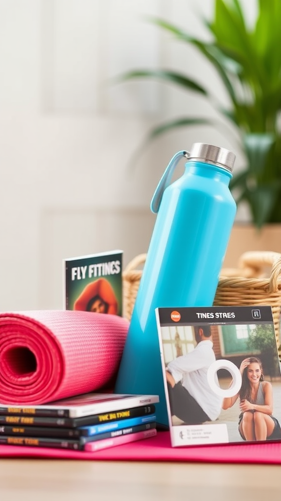 Yoga and Fitness Basket with mat, water bottle, DVDs