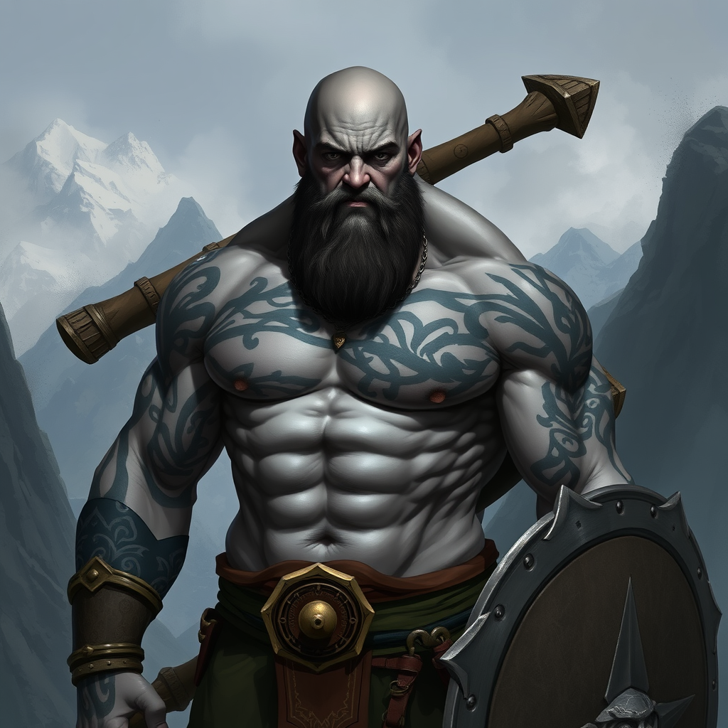 Young, Bald Barbarian with Shield in Mountains