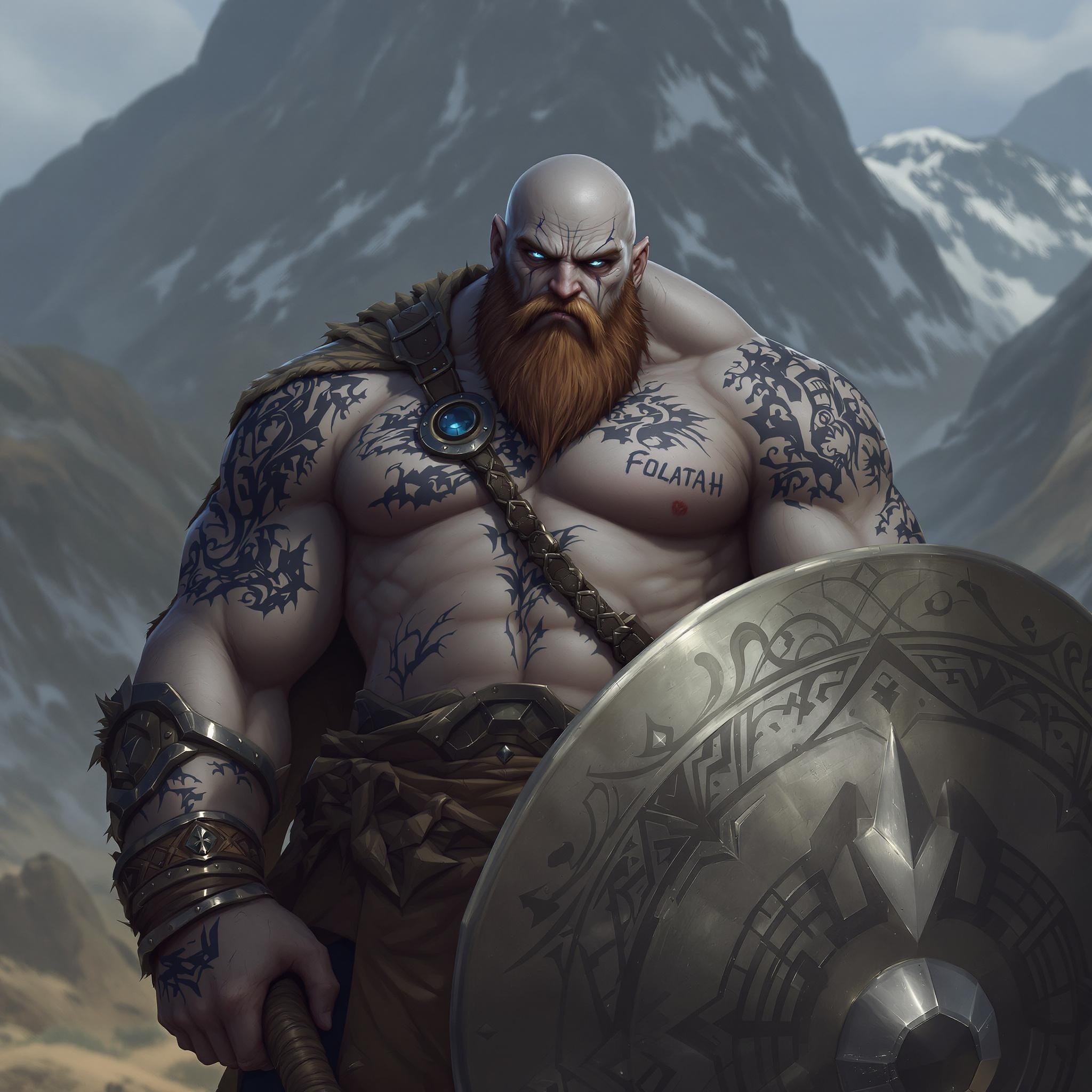 Young, Bald Goliath with Shield in Mountain