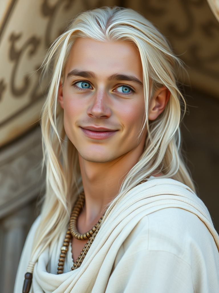 Young, Serene Man with Platinum Hair and Tribal Attire