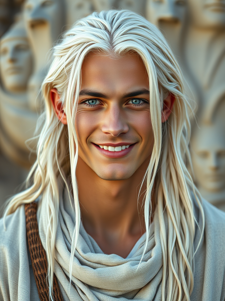 Young, Serene Tribesman with Luminous Skin and Blue Eyes