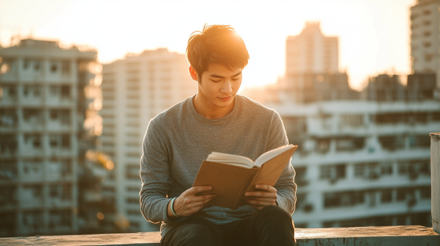 Young Asian Man Reading Book on Sunny Rooftop