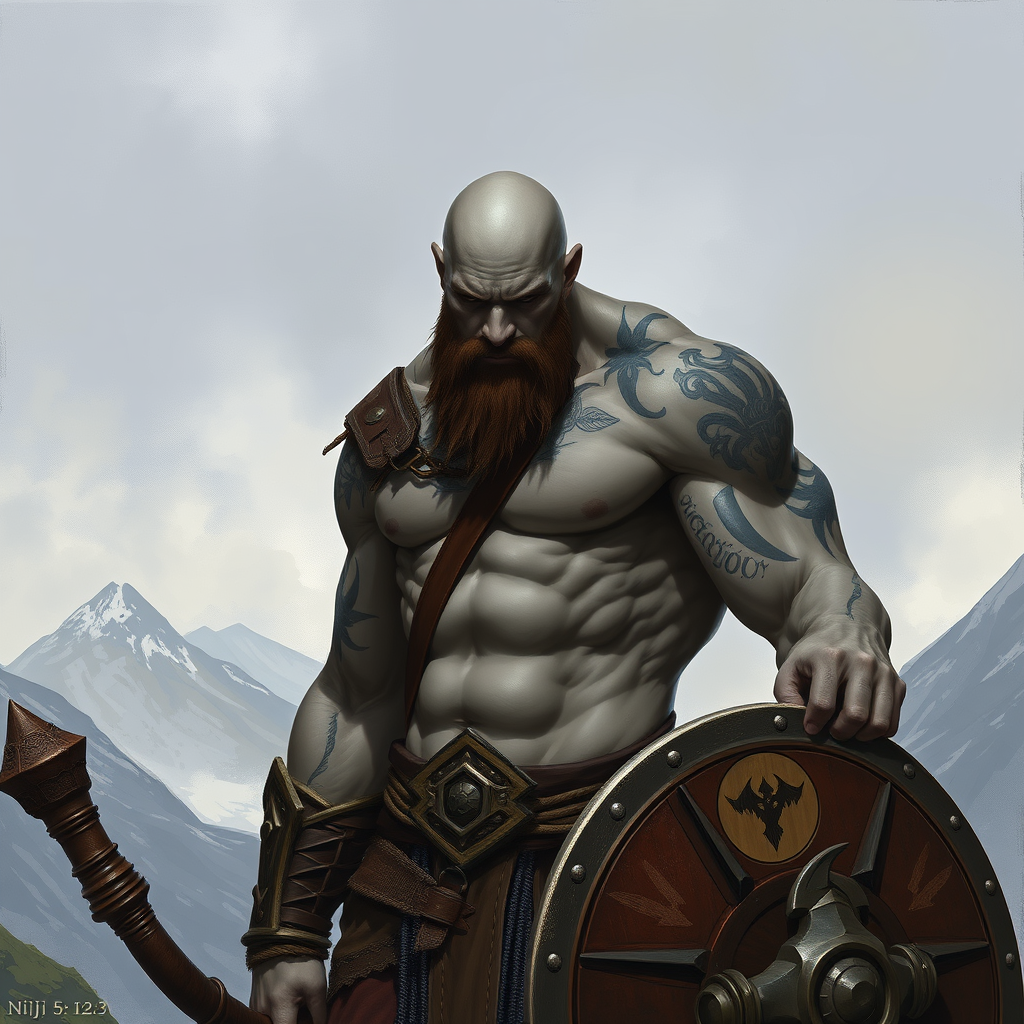 Young Bald Barbarian with Shield in Mountain