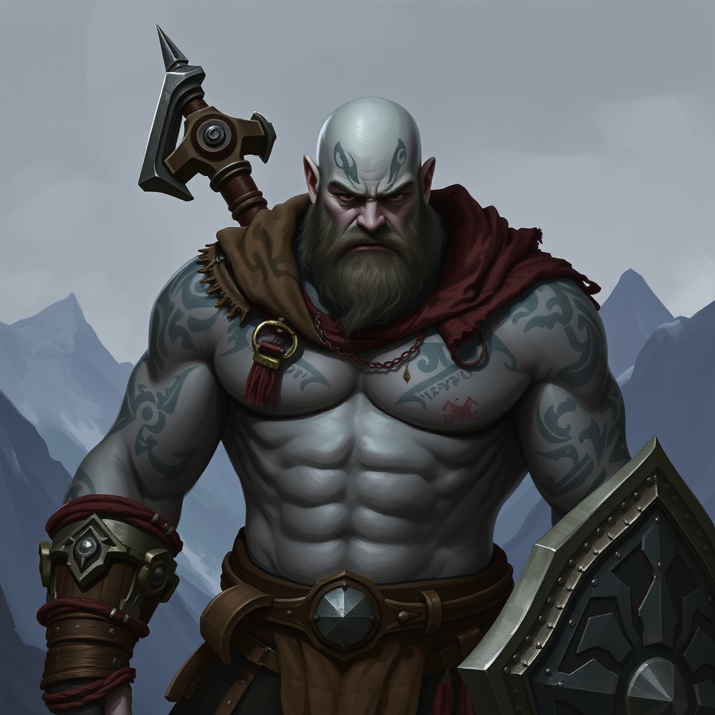 Young Bald Barbarian with Tattoos and Shield