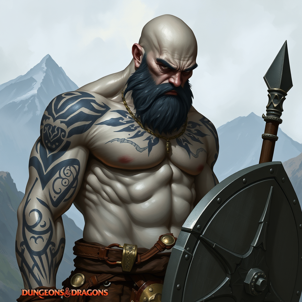 Young Bald Barbarian with Tattoos in Mountains