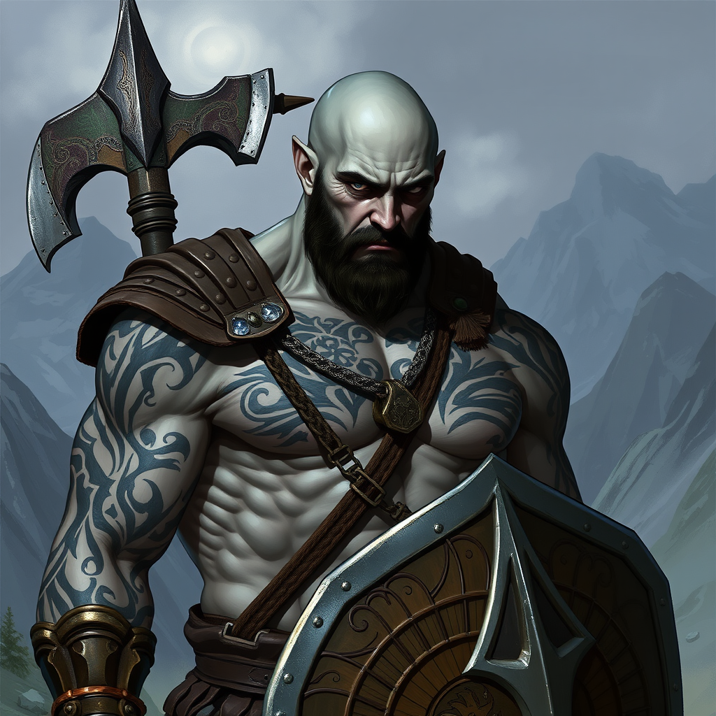 Young Bald Goliath Warrior in Mountain Landscape