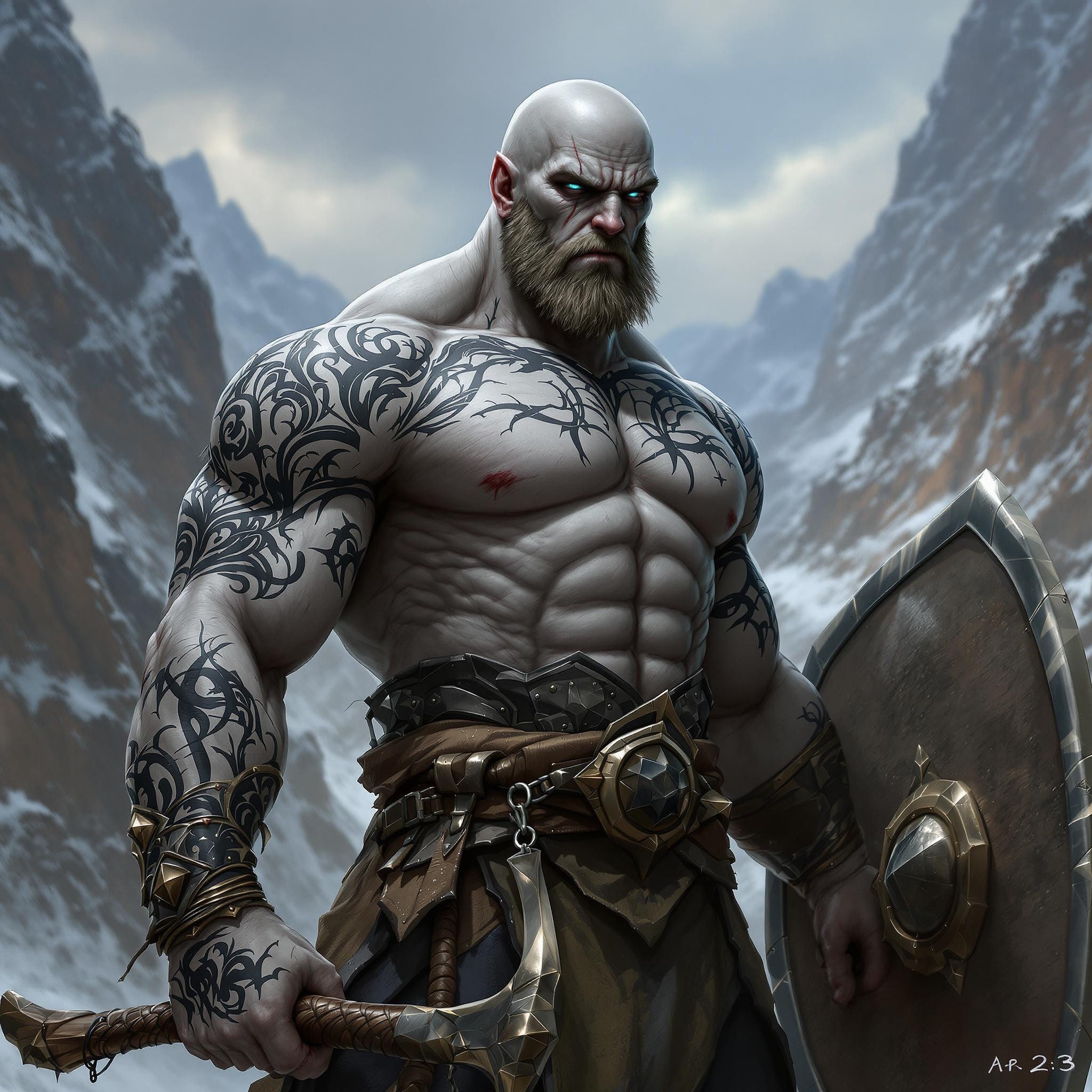 Young Bald Goliath with Tattoos in Mountain Dungeon