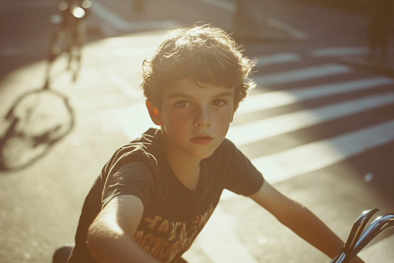 Young Boy Determinedly Biking Through Crossing