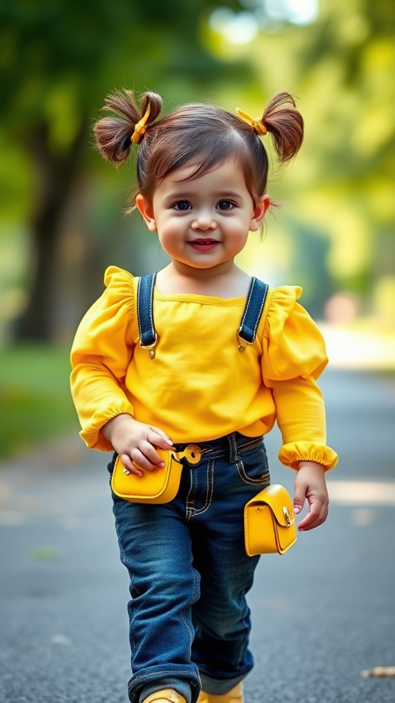 Young Child in Stylish Outfit Walking in Park.