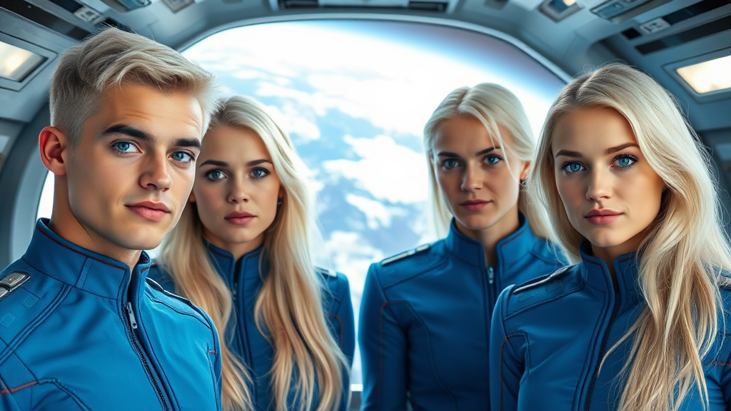 Young Crew Orbiting Earth in Blue Starship Uniforms