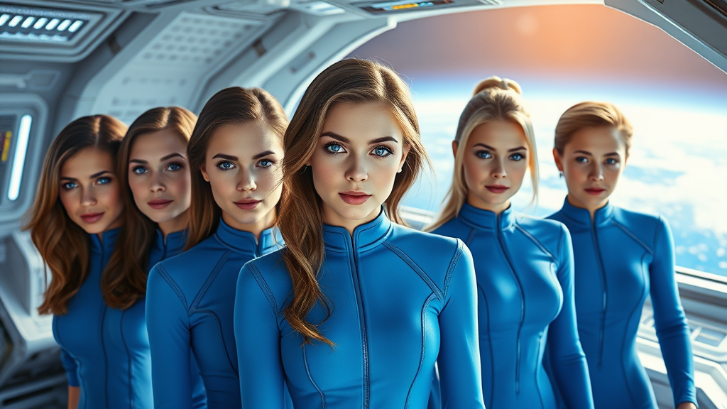 Young Crew in Blue Uniforms Orbiting Earth