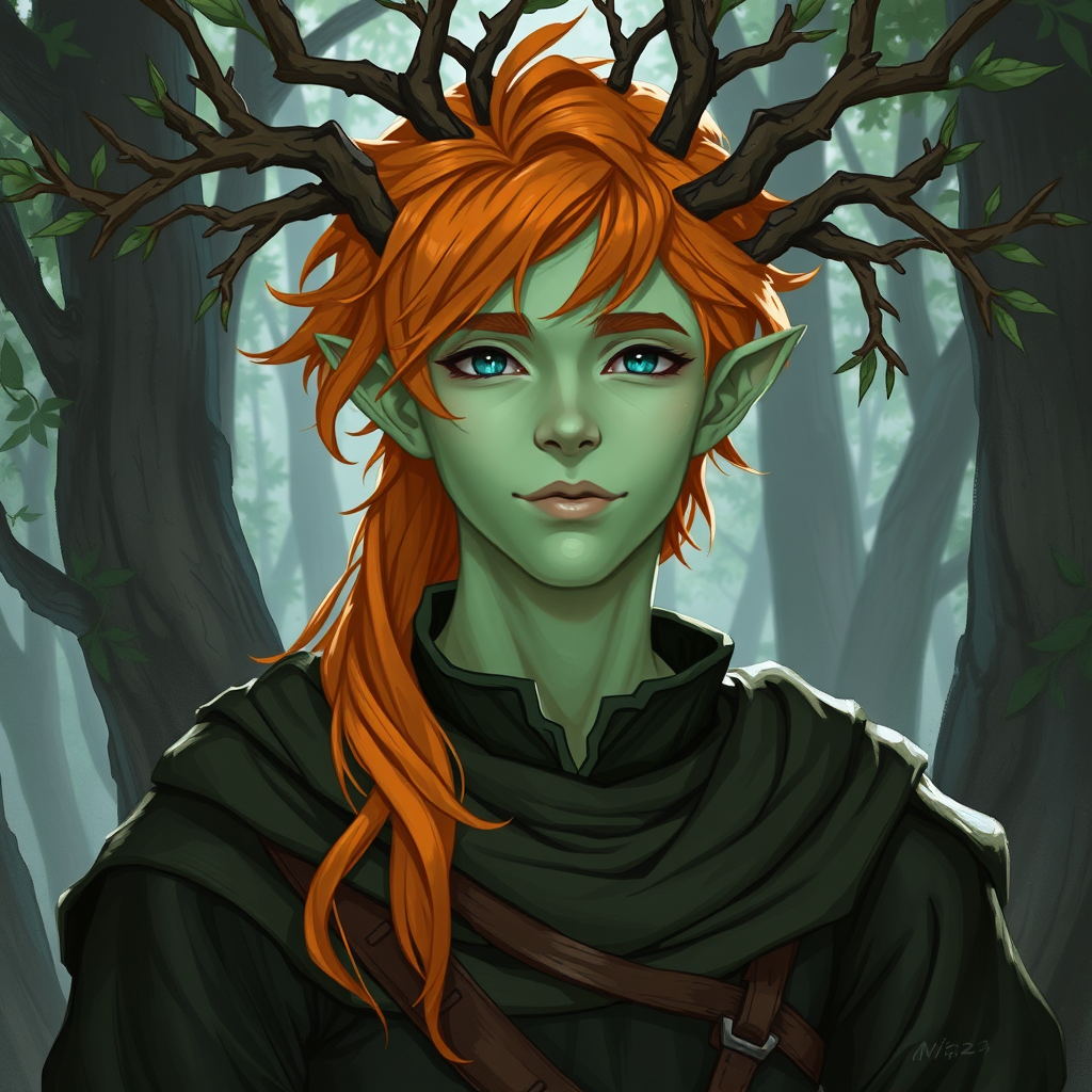 Young Eladrin with Orange Hair in Forest Setting