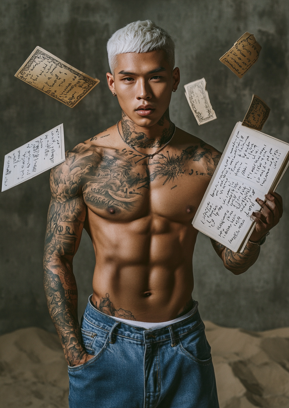 Young Filipino man with tattoos, notebook letters fall