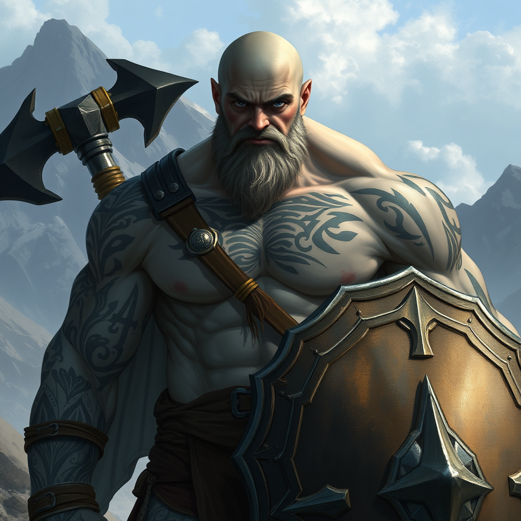 Young Goliath, Tattooed D&D Character with Mace, Shield