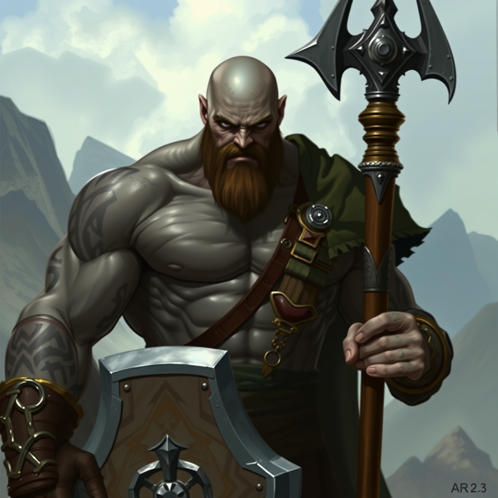 Young Goliath with Mace and Shield in Mountains