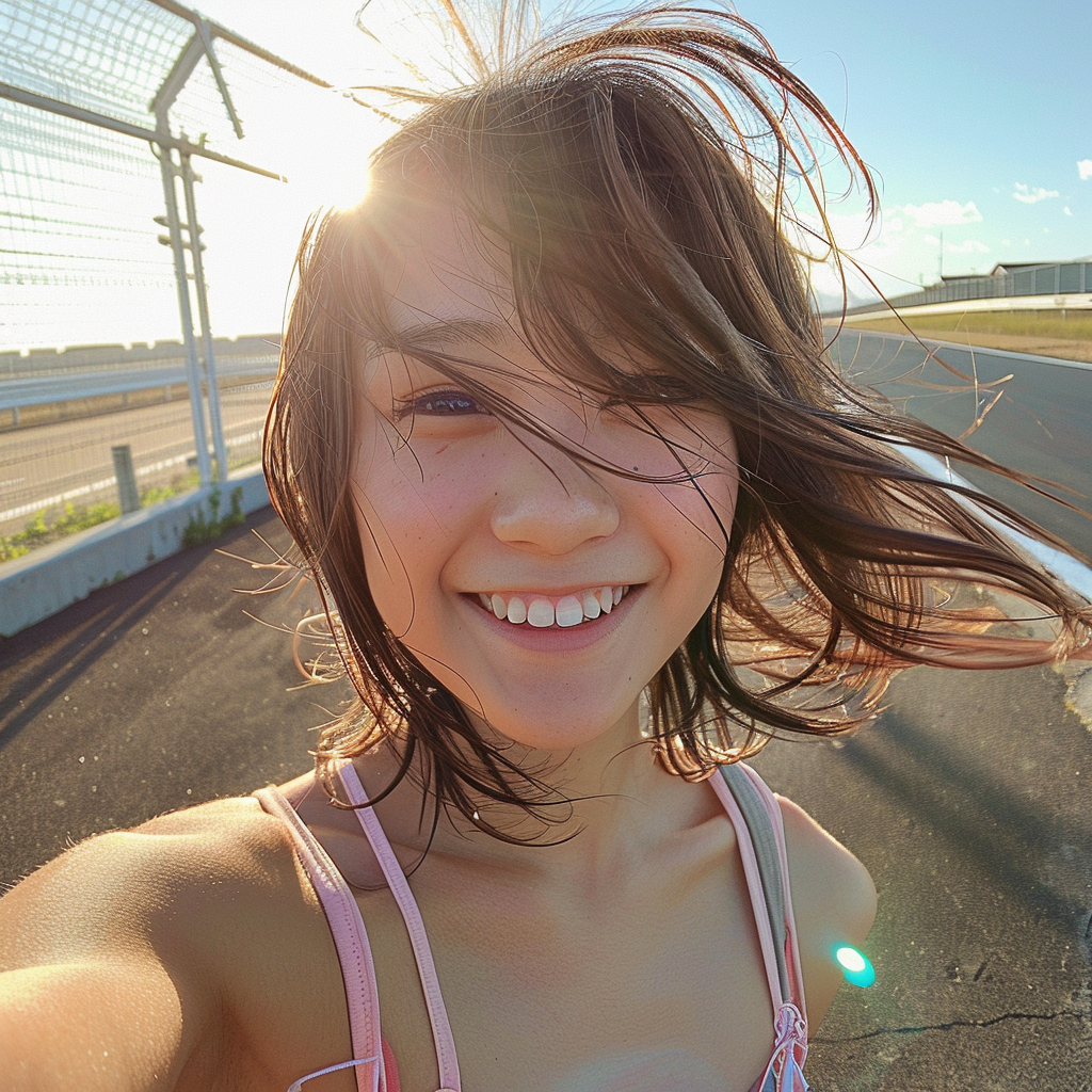 Young Japanese Woman Smiling at Racetrack Entrance