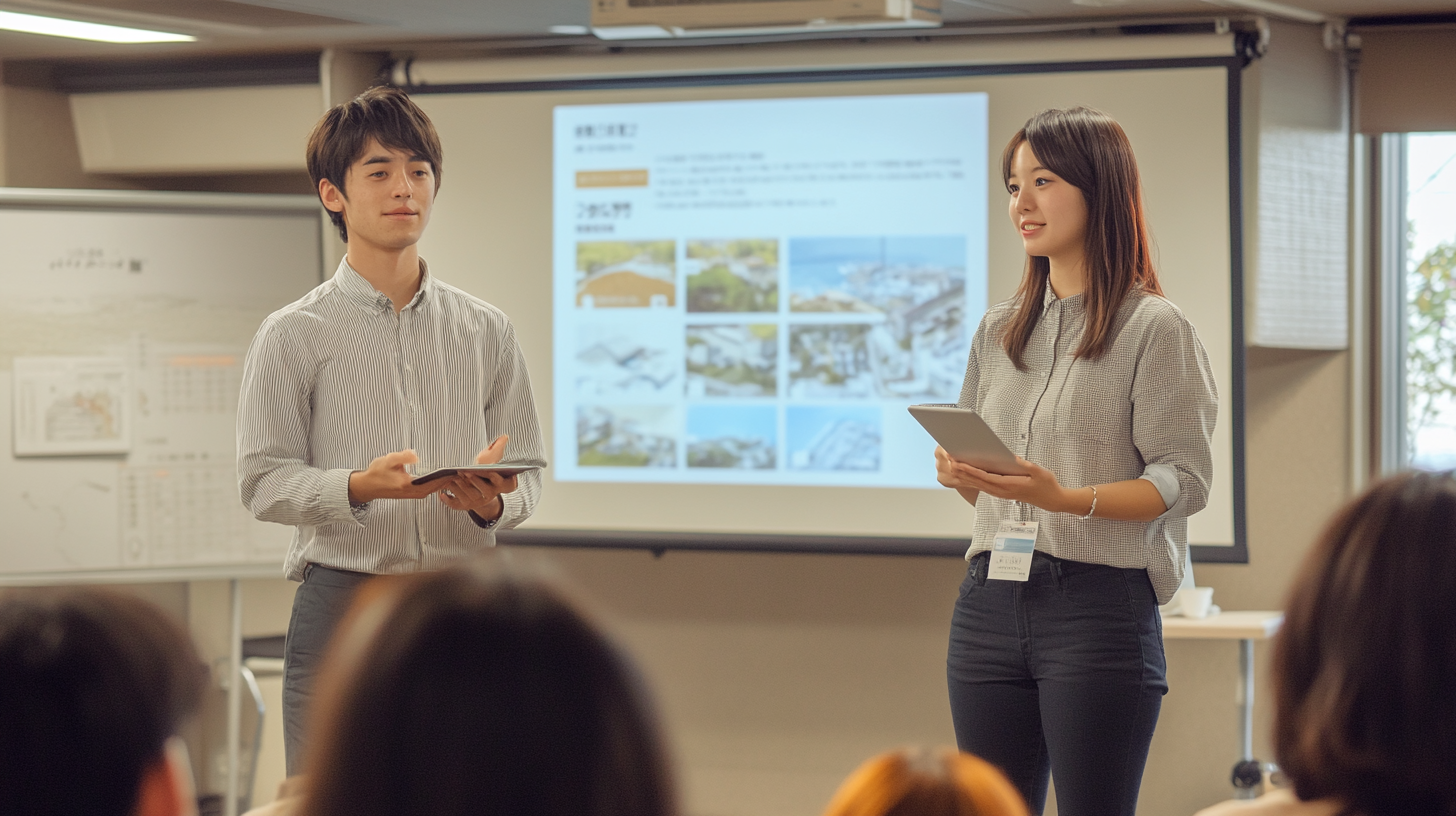 Young Japanese presenters promote regional relocation in Japan.