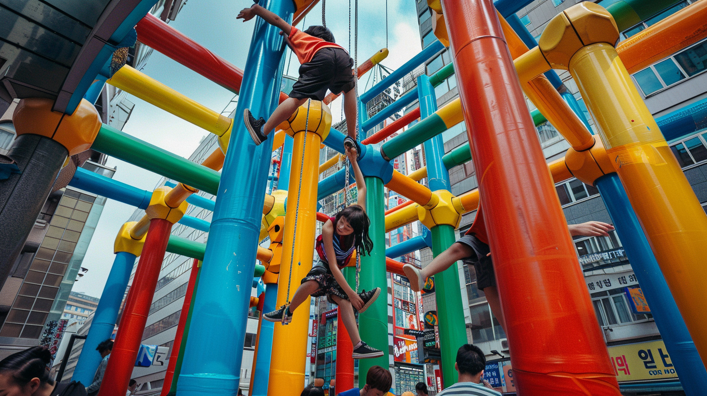 Young Korean adults play on colorful jungle gym