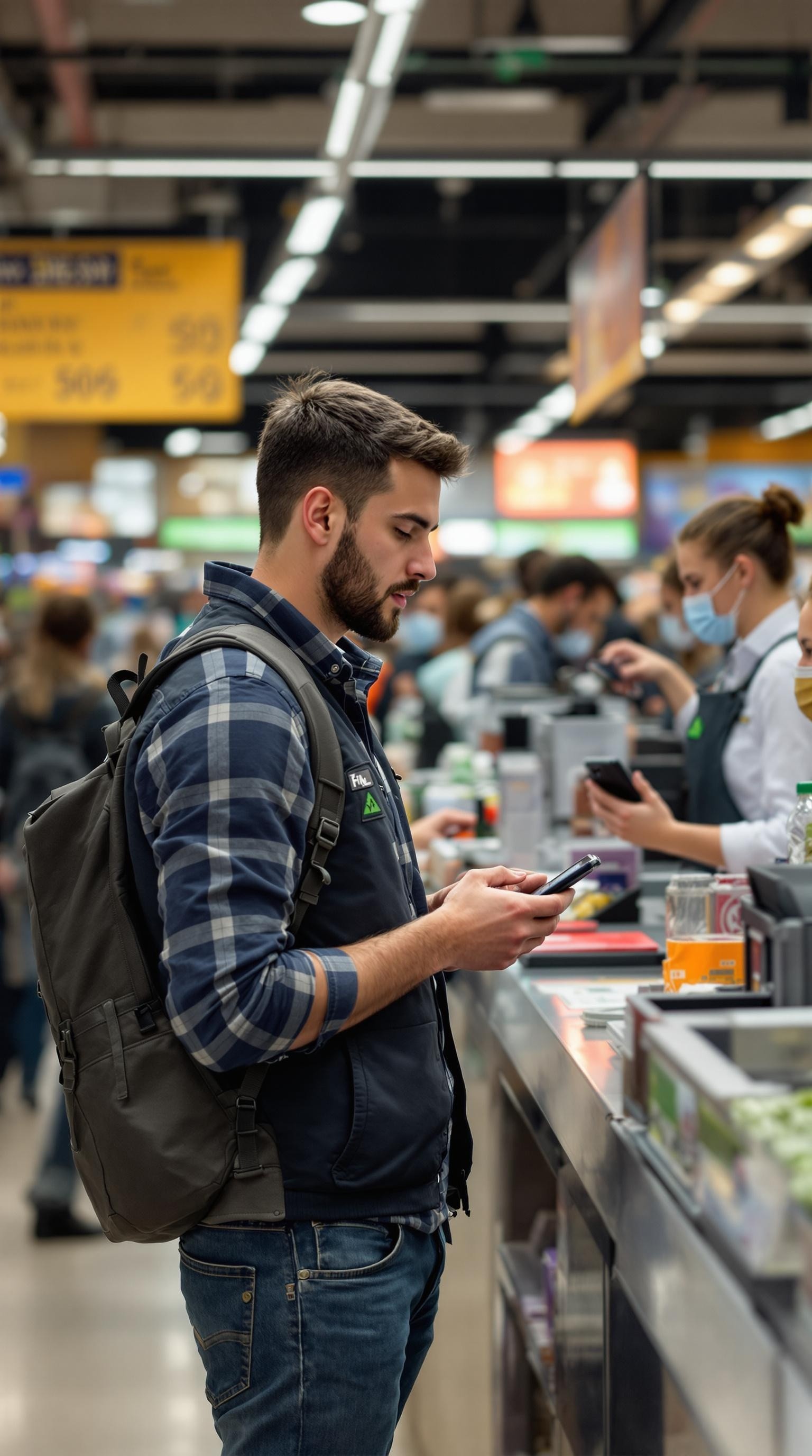 Young Man at Unattended Self-Checkout Line