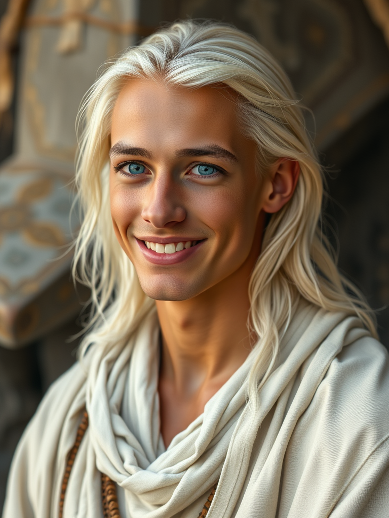 Young Man with Long Blonde Hair in White Tunic