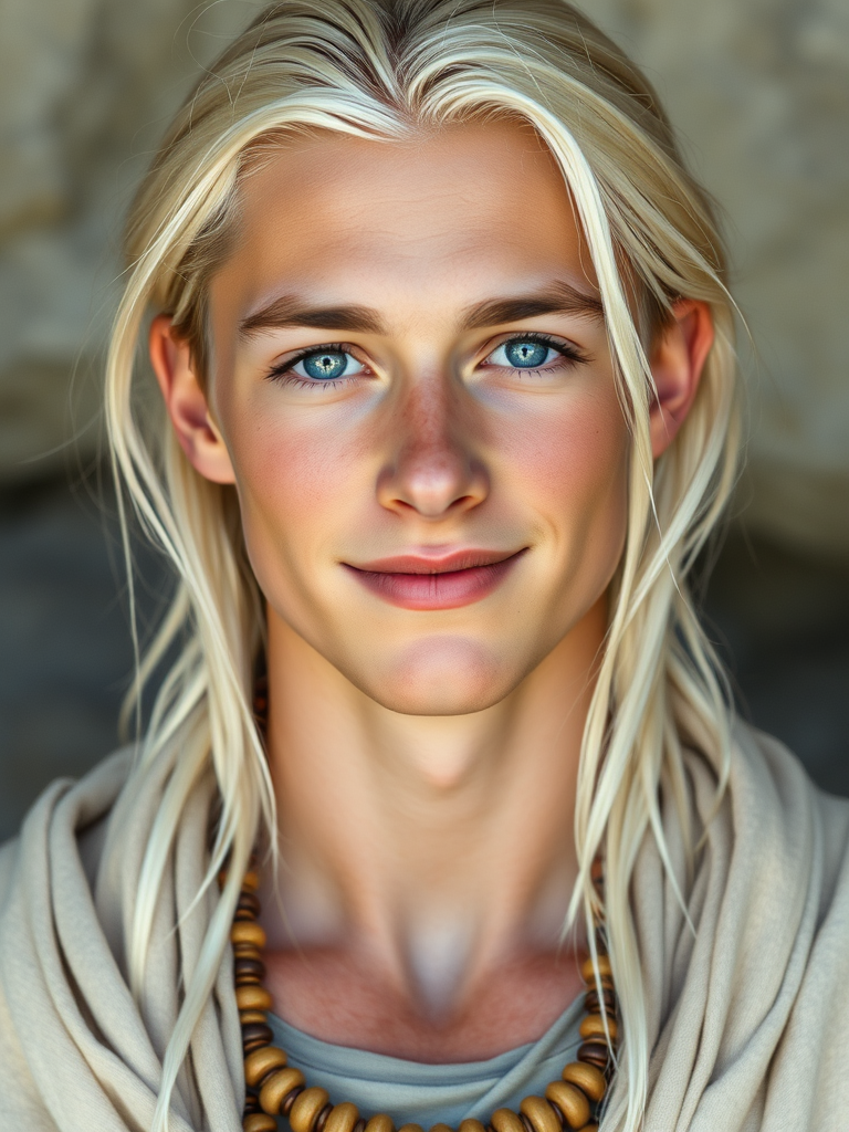 Young Man with Luminous Skin in Ethereal Whites