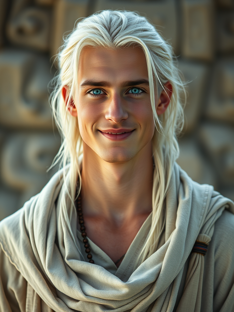 Young Man with Platinum Hair in Ethereal Whites