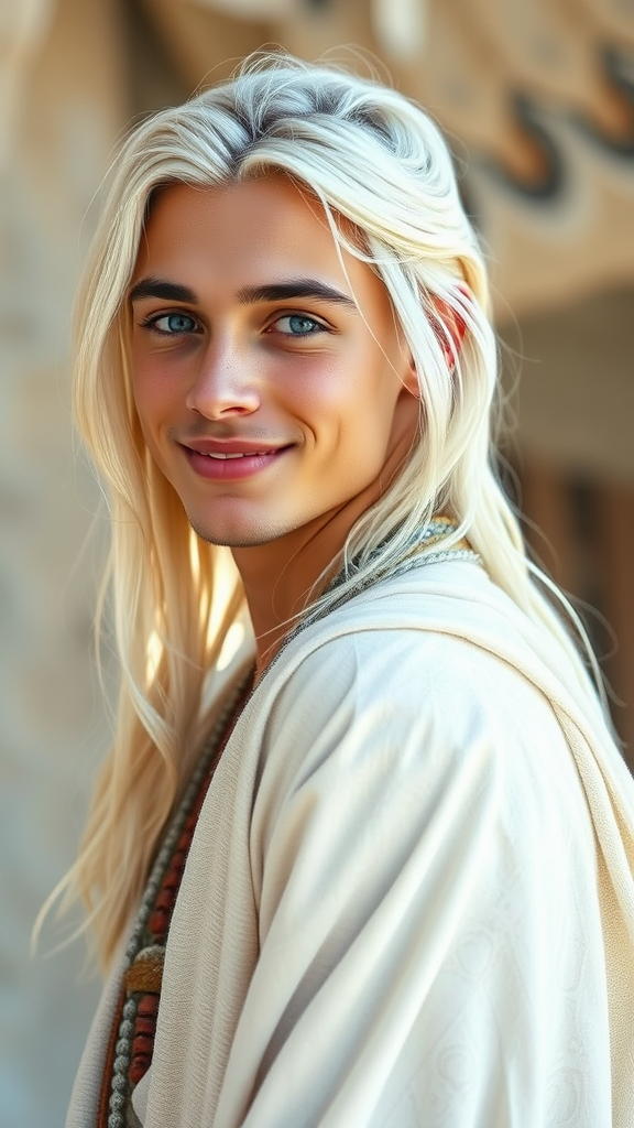 Young Man with Platinum Hair in Ethereal Whites