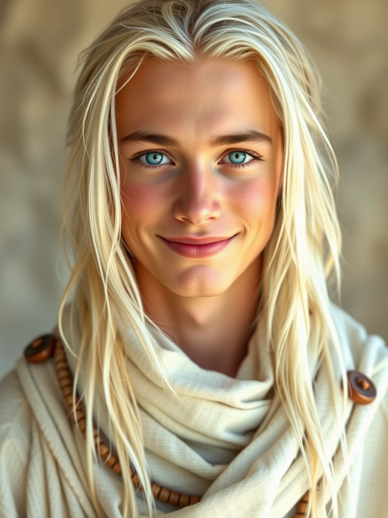 Young Man with Platinum Hair in Tribal White Outfit