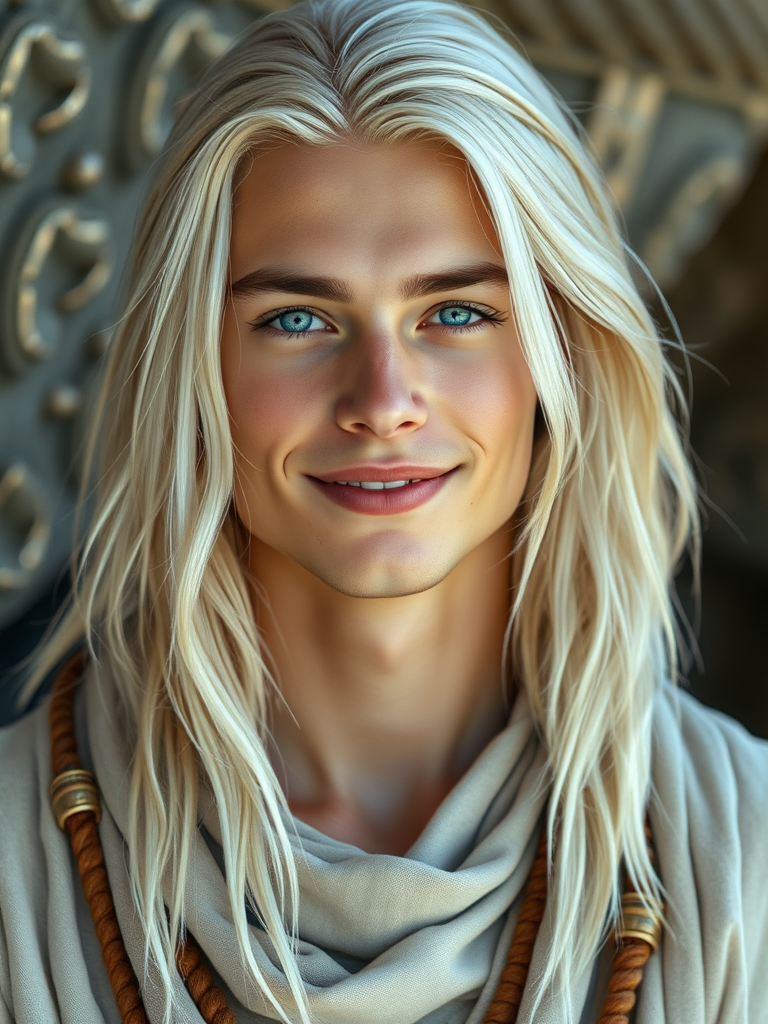 Young Man with Tribal Aura in Ethereal Whites