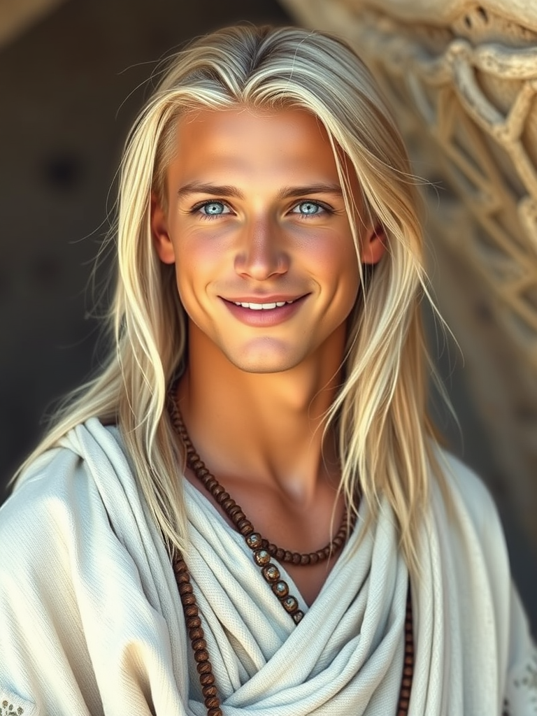 Young Man with Tribal Aura in White Tunics